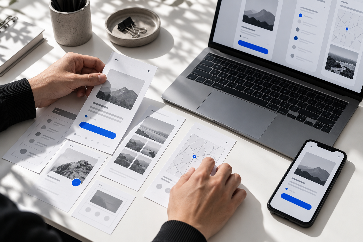 Illustrative design workspace with mobile wireframes, laptop and phone